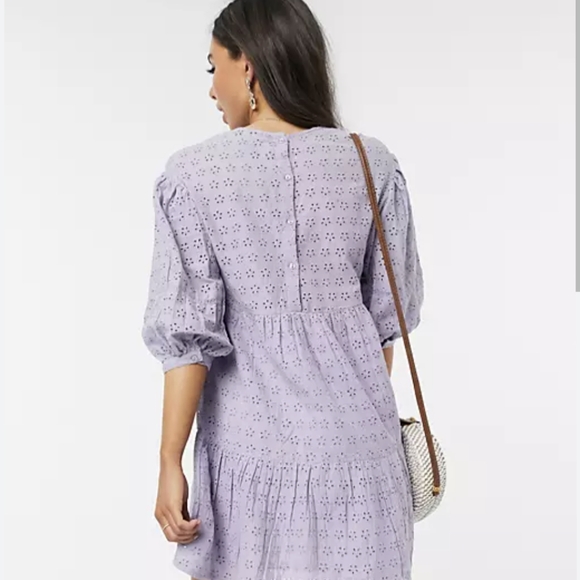 ASOS Pull & Bear Purple Eyelet Floral Puff Sleeve Tiered Dress - Picture 4 of 4